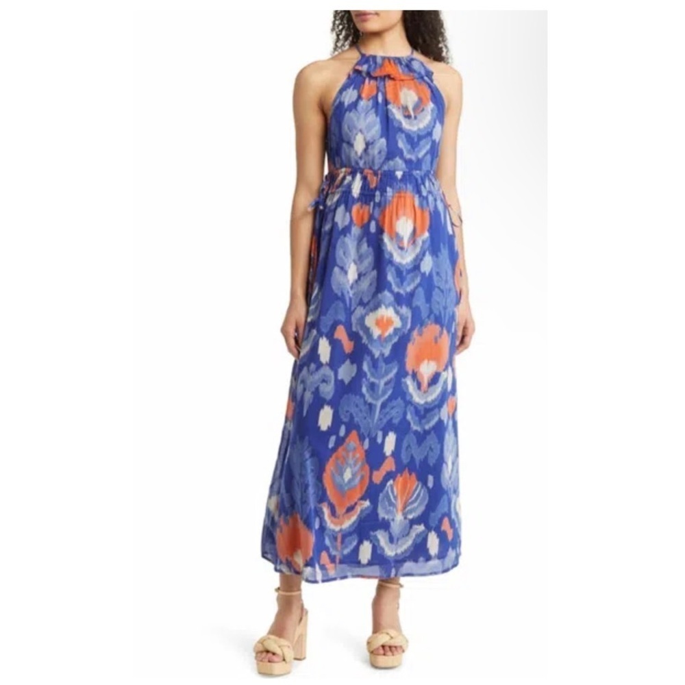 Banjanan | Romantic Boho Lucia Maxi Dress In Ikat Soladite Blue Floral